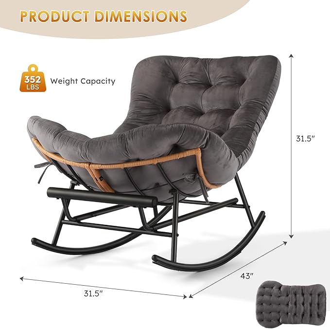 GarveeHome Indoor Papasan Rocking Chair Rattan Rocker with Extendable Footrest &amp Detachable Flannel Cushion 352lbs Sturdy Large Reading Lounge for Indoor Bedroom Living Room Dark Grey
