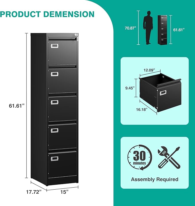 SISESOL 5 Drawer File Cabinet with Lock15 Narrow Vertical File Cabinet Five drawerTall Office Filing CabinetsBlack Metal Filing Cabinets for Home OfficeFit A4LegalLetter Size-Assembly Required