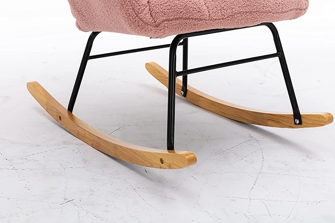 Mid Century Modern Teddy Fabric Tufted Upholstered Rocking Chair Padded Seat for Living Room BedroomPink