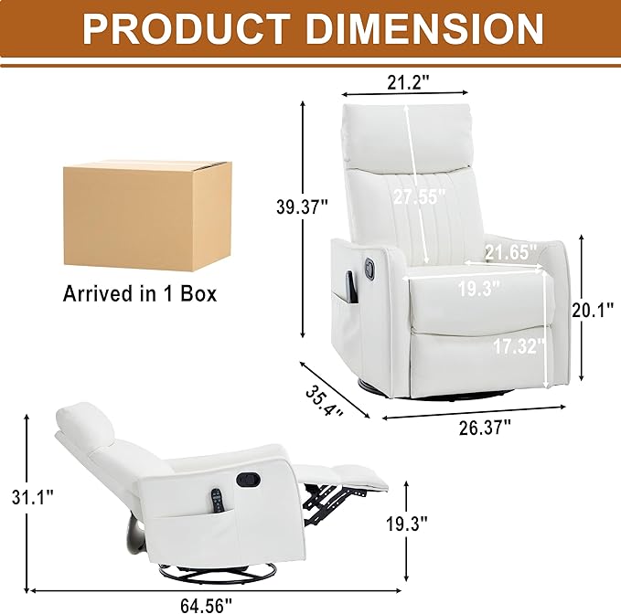 Manual Swivel Rocker Recliner Chair for Adults Overstuffed Reclining Glider Chair for Nursing with Vibration Massage &amp Heat Living Room Rocking Recliner 2-Stage backrest Faux Leather White