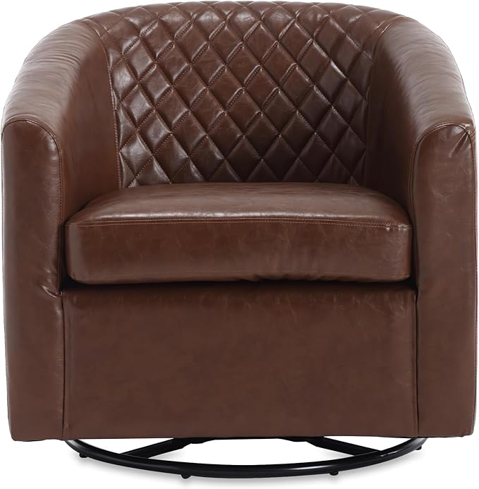 Modern Swivel Rocker Accent Chair Armchair Round Swivel Barrel Chair 360° Rotating and Glide Back and Forth Brown PU Leather