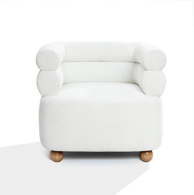 LuxenHome Barrel Accent Chair with Wood Ball Legs Modern Upholstered Ivory Barrel Armchair for Living Room Reading Room BedroomStylish Sofa Chair Decorative Home FurnitureLeisure Lounge Chairs