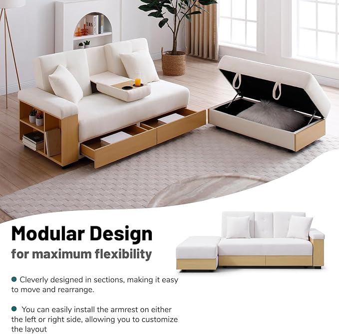 JOYBASE Modular Sectional Sofa Couch with Storage Ottoman 3-Seater Convertible Sofa Bed with Reversible Armrest Drawers and Cup Holders for Apartment Living Room (Beige)