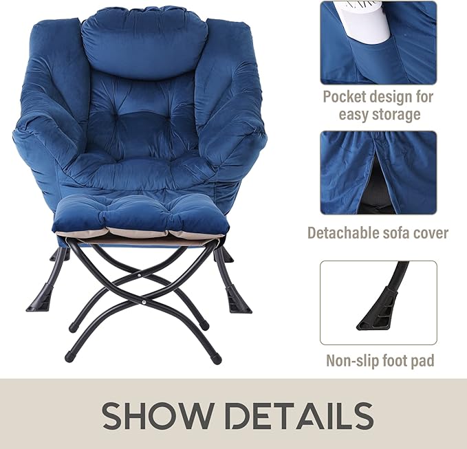LITA Lazy Chair with Ottoman Modern Accent Leisure Upholstered Sofa Chair Contemporary Lounge Reading Chairs with Armrests and a Side Pocket for Living Room Bedroom &amp Small Space Royal Blue