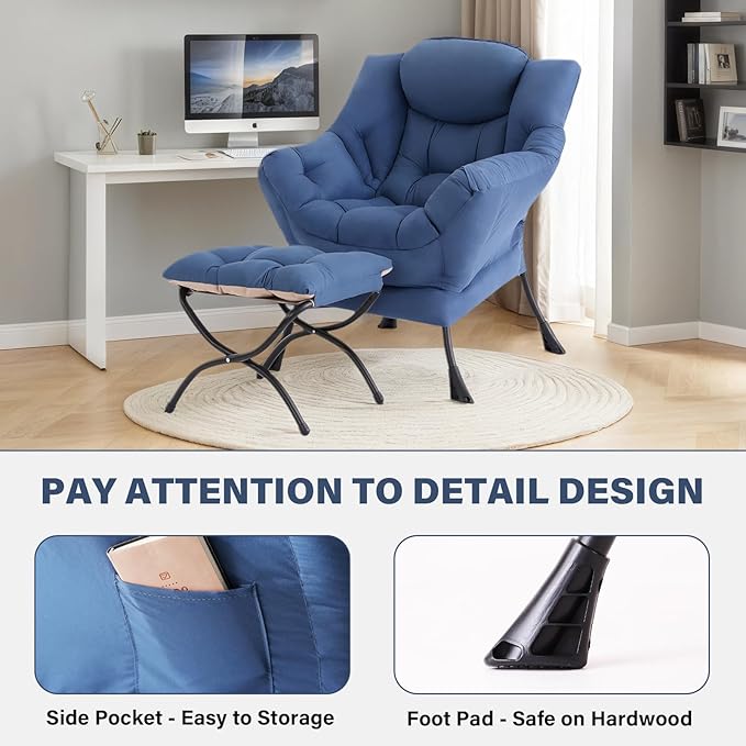 Tiita Lazy Chair with Ottoman Blue Modern Large Accent Chair Comfy Leisure Sofa Armchair with Ottoman Reading Chair with Footrest for Bedroom Living Room Dorm Rooms Blue