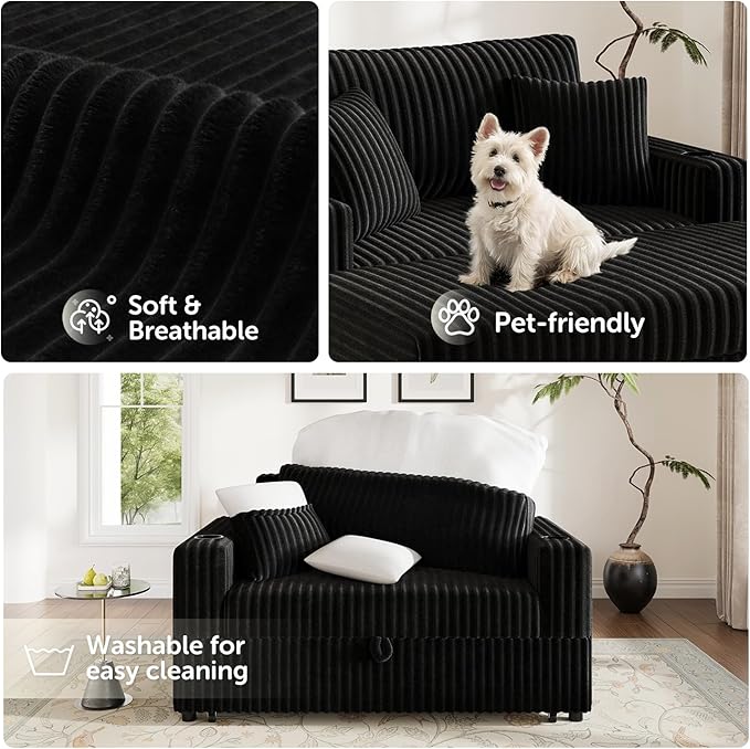 52” 3-in-1 Convertible Pull-Out Sofa Bed Sleeper Loveseat with Built-in Cup Holders Reclining Backrest Pet-Friendly Corduroy Sofa for Small Space - Black