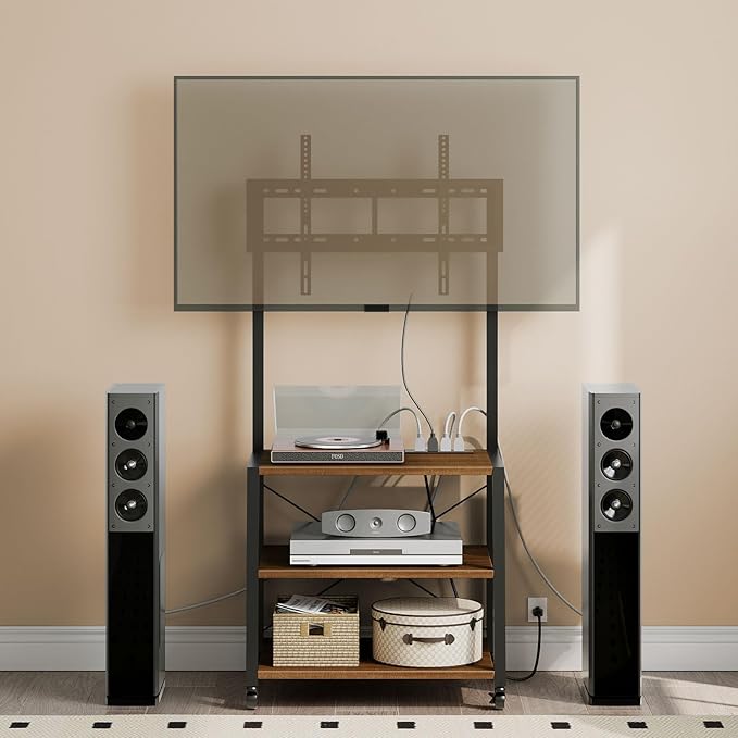 HOOBRO Rolling TV Stand with Mount and Power Outlet Up to 55 inch TV Corner Entertainment Center Small TV Stand with 3-Tier Storage Shelves for Living Room Bedroom Black and Walnut BH66UDS01