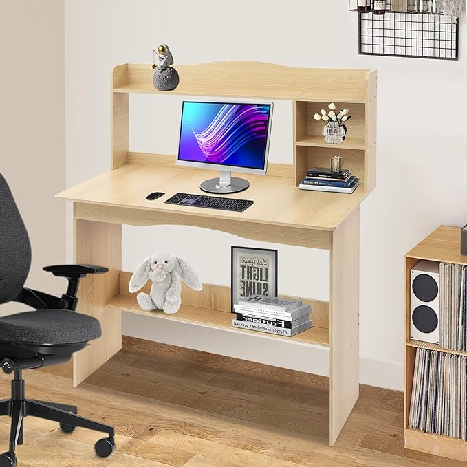 Home Office Desk with Open Storage Standing Computer Desk Wooden Writing Table Floor Laptop Table Wood Color for Living Room Study Room