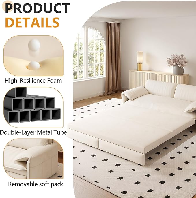 66 Queen Size Sofa Bed 3 in 1 Convertible Pull Out Sleeper Sofa with Thicked Cushions and Side Storage Velvet Loveseat Couch for Home Living Room Bedroom Apartment Lounge Small Spaces Beige