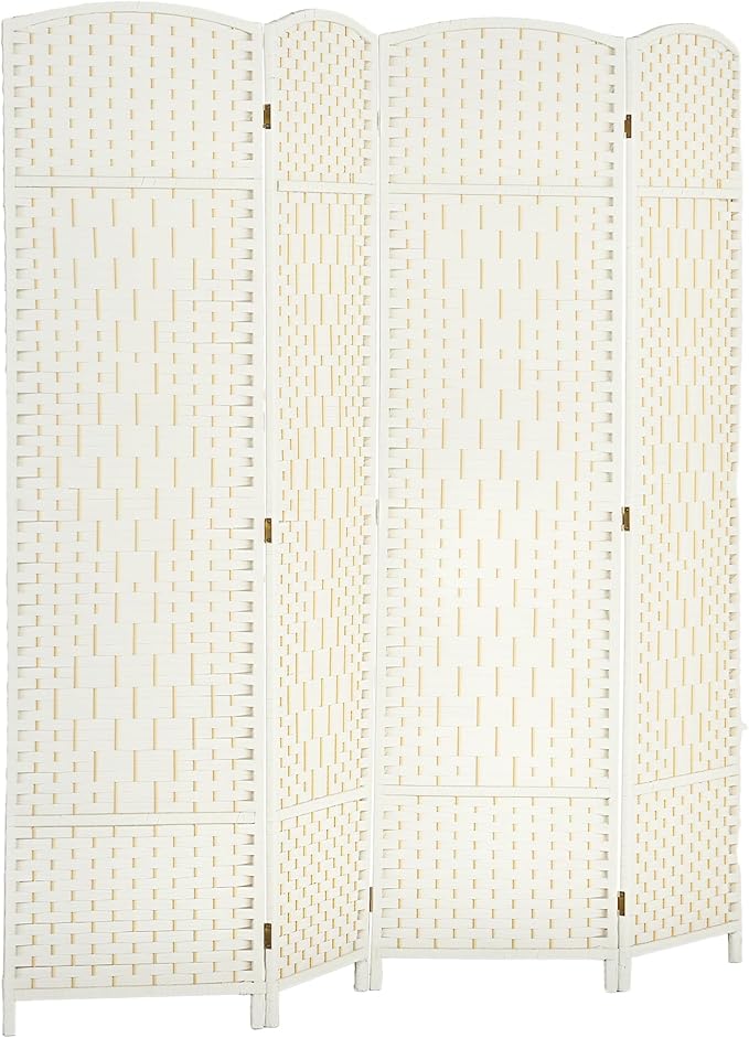HOMCOM Room Divider 6 Ft 4 Panel Folding Privacy Screen Hand-Woven PP Wall Partition with Pine Wood Frame Freestanding Room Separator for Bedroom Home Office No Assembly White