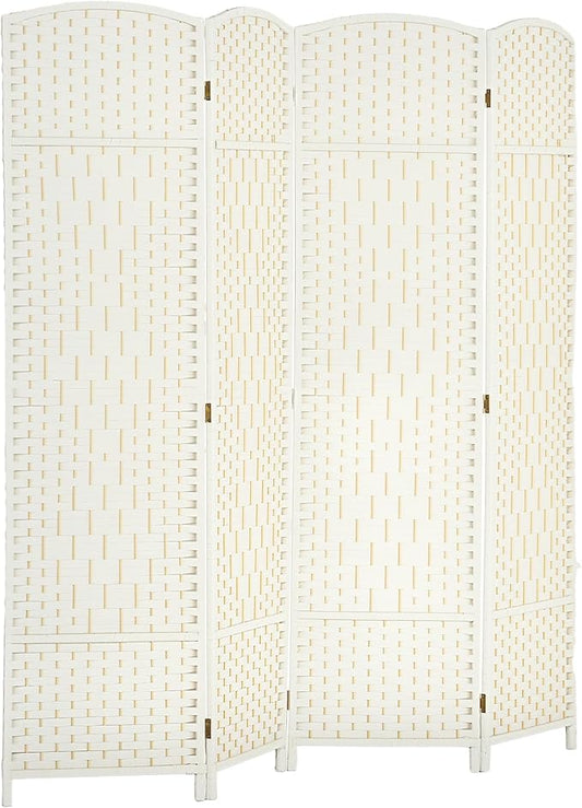 HOMCOM Room Divider 6 Ft 4 Panel Folding Privacy Screen Hand-Woven PP Wall Partition with Pine Wood Frame Freestanding Room Separator for Bedroom Home Office No Assembly White