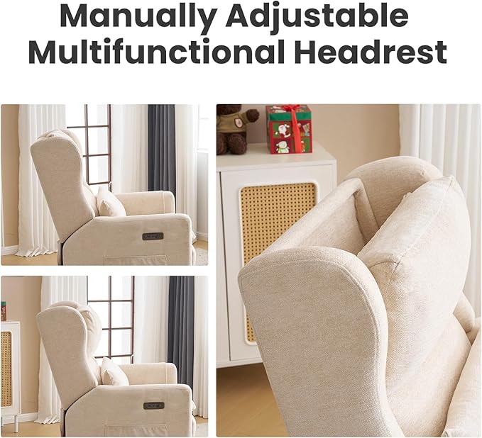 Oversized Swivel Rocker Recliner with Adjustable Headrest 26 Extra Wide Glider Recliner Nursery Chair with Double Cushion Chenille Glider Rocking Chair for Living RoomCup HolderBeige