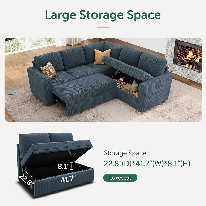HONBAY Modular Sectional Sleeper Couch with Pull Out Bed Corduroy L Shaped Sofa with Storage Convertible Sectional Couches for Living Room Blue