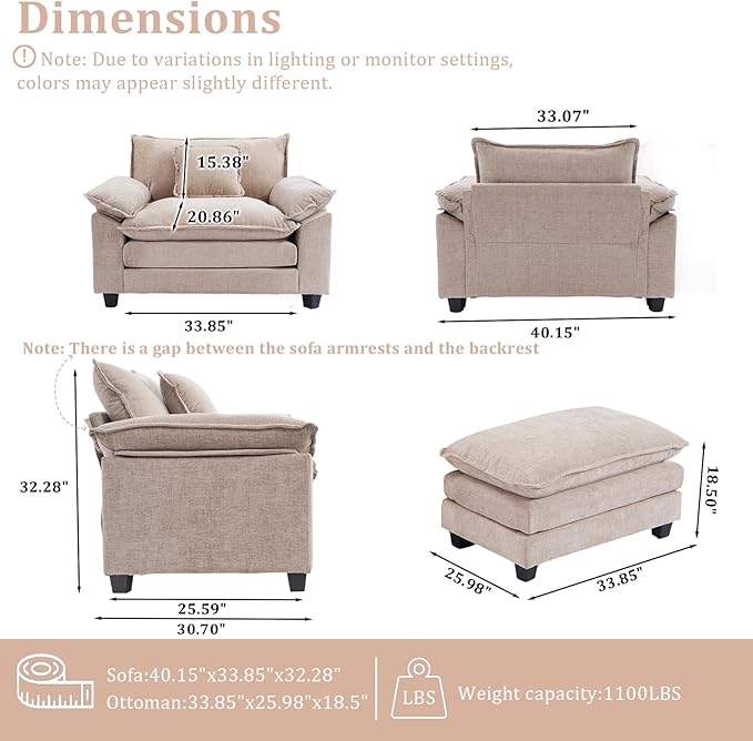 Oversized Accent Chair with OttomanOversize Chair Chenille Sofa with ArmrestsComfy Living Room Sofa with Deep Seat &amp PillowsOversized Reading Accent Chairs Couch Lounge for Bedroom (Khaki)