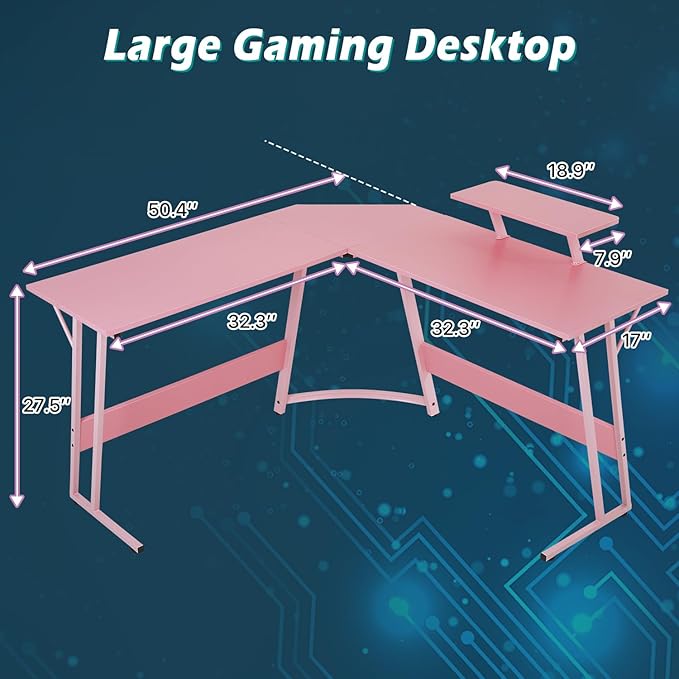 Dkelincs L Shaped Gaming Desk 51 Inch Computer Corner Desk Home Office Desks PC Gaming Table with Monitor Riser Stand for Home Office Writing Workstation Pink