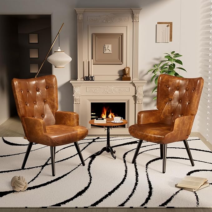 TLSUNNY Accent Chair Comfy Upholstered Armchair with Metal Legs High Backrest Living Room Chair Wingback Chair Mid Century Modern for Living Room/Vanity/Bedroom PU Brown (2 pcs)