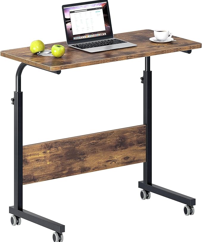DlandHome Rolling Desk Adjustable Standing Desk Mobile Side Table 31.4 Inches w/Wheels Adjustable C Table Movable Portable Laptop Computer Stand for Bed SofaRetro