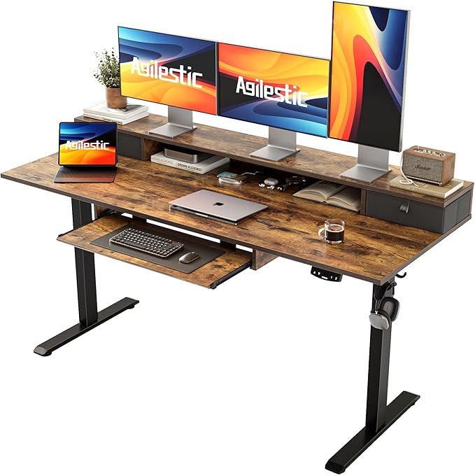 Agilestic Electric Standing Desk with 2 Drawers and Keyboard Tray 63 x 24 Inches Ergonomic Adjustable Height Desk with Storage Sit Stand up Computer Workstation Rustic Brown