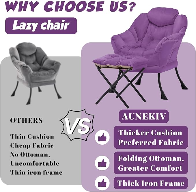 Lazy Chair with Ottoman Comfy Accent Lounge Chair with Side Pocket Modern Reading Armchair with Footrest Upholstered Sofa Chair for Small Spaces Bedroom Living Room Dorm Purple
