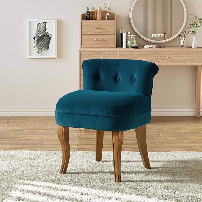 HULALA HOME Velvet Vanity Chairs with Low Back Modern Small Vanity Stool with Solid Wood Legs Upholstered Tufted Makeup Chair for Bedroom Living Room Dressing Women Girls Set of 2 Teal