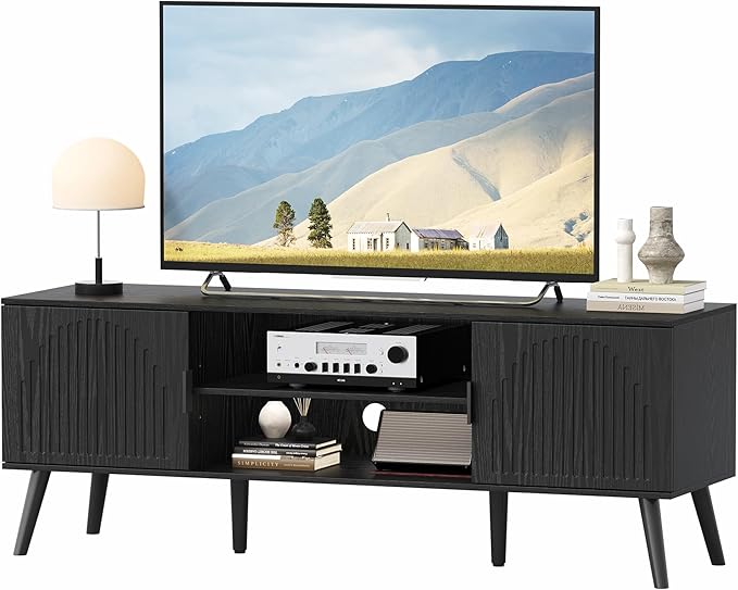 ChooChoo TV Stand for 55/60 Inch TV Mid Century Modern TV Stand Entertainment Center with Storage Cabinet and Open Shelves TV Console Table Media Cabinet for Living Room and Bedroom Black
