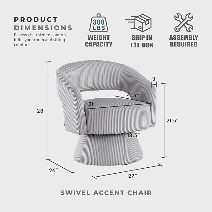 Lexicon 360 Degree Swivel Accent Chair Modern Comfy Corduroy Round Barrel Chair Open Back Plush Foam Cushions Metal Swivel Base for Living Room/Bedroom/Office Gray