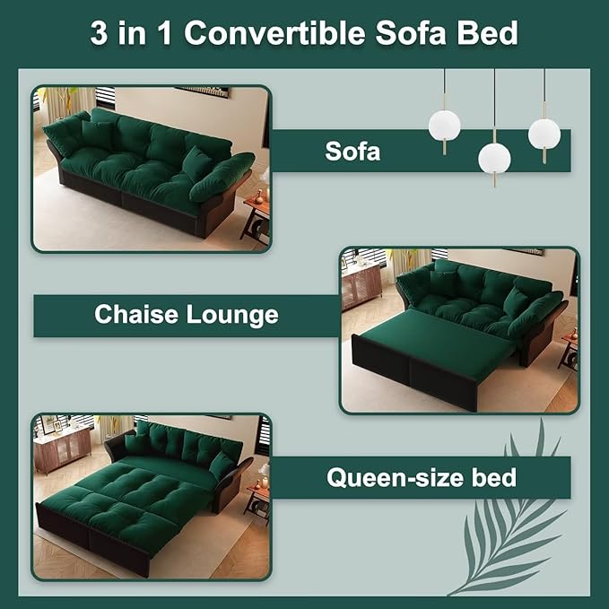 74.8 Queen Velvet Pull Out Sofa Bed 3-in-1 Convertible Sleeper Tufted Couch with 2 Soft Pillows Multi-Functional Folding Loveseat Bed Green