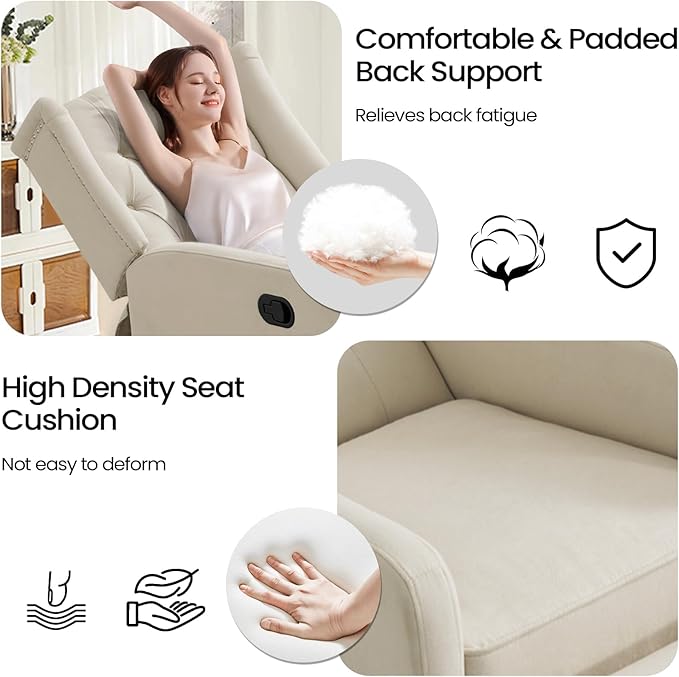 360 Swivel Rocker Recliner Chair for Adults Nursery Chair for Small Spaces Living Room Upholstered Fabric Glider Recliner Lvory