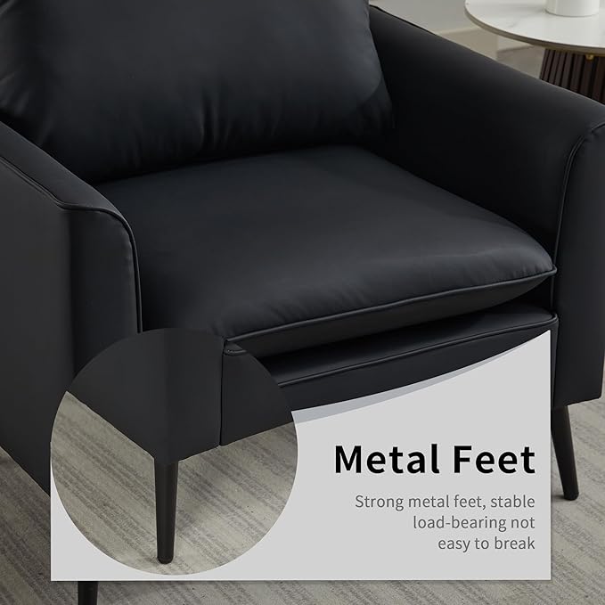 YITAI Modern Accent Living Room ChairsFaux Leather Oversized Single Sofa Chair with Metal Legs Mid Century Comfy Armchair for Bedroom/Office Reading/Lounge/Office/Reception2PCBlack