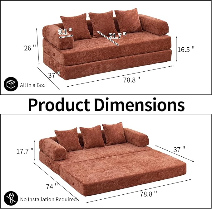 4 in-1 Folding Convertible Sofa Bed78.8 Folding Floor Mattress Couch Comfy Chenille Boneless Couch Lounge Loveseat with Pull Out Bed No Assembly (Orange)