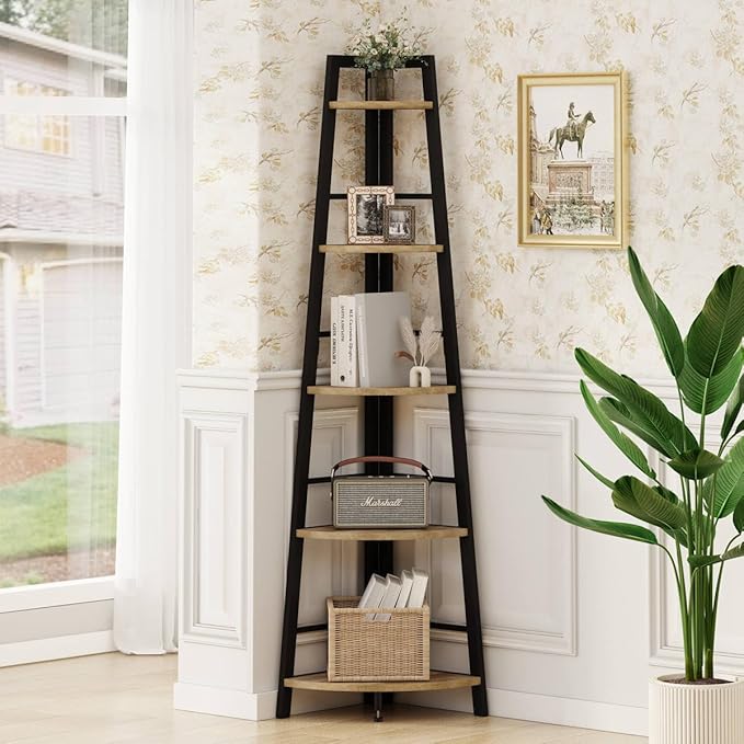 BON AUGURE Industrial Home Office Desks Rustic Wood Computer Desk Corner Ladder Shelf 5 Tier Metal Wood Corner Bookshelf Tall Corner Shelf Plant Stand for Living Room