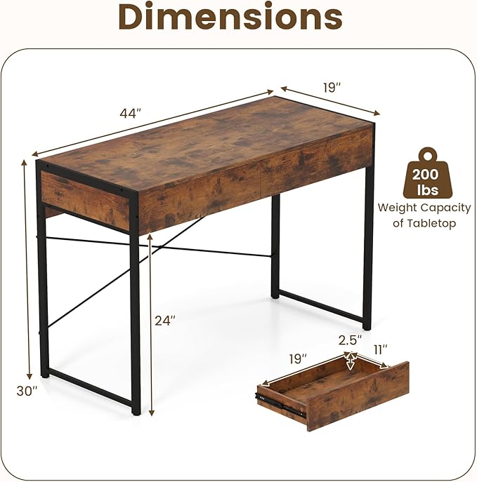 LDAILY Computer Desk with 2 Drawers 44 Inch Home Office Desk with Sturdy Steel Frame &amp X-Bracket Support Spacious Study Writing Workstation Table for Bedroom or Small Spaces (Rustic Brown)