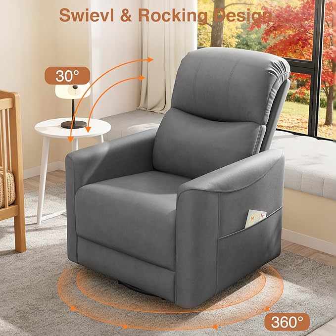 Kidirect Power Swivel Rocker Recliner 360° Swivel Recliner Chairs for Nursery Pu Leather Power Recliner Chair with USB Port and Side Pocket Electric Glider Rocking Chair for Living Room