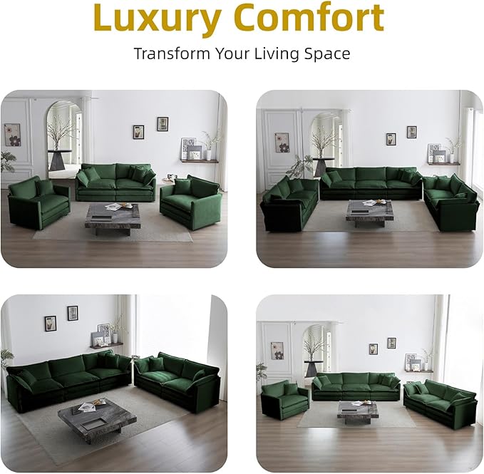 111.5 Modular Sectional Sofa Deep Seat Cloud CouchConvertible 3-Seater Comfy Chenille Upholstered Sofa Set for Living Room Apartment Studio – Green
