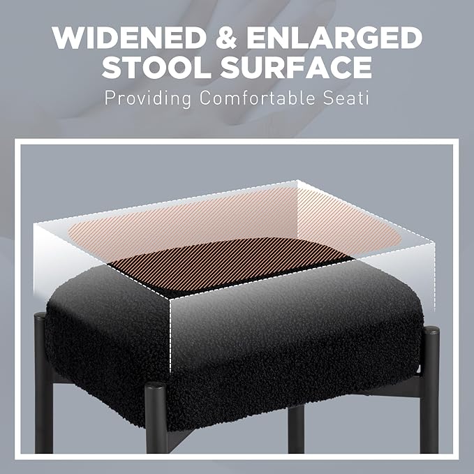 Vanity Stool Chair Faux Fur 16.3L x 12.8W x 17.3H Soft Ottoman Makeup Chair Bench Furry Padded Seat with 4 Metal Legs Footstool Multifunctional Chairs for Bedroom Living Room Black