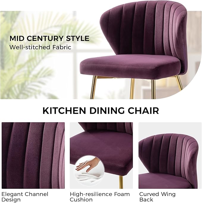 HULALA HOME Dining Chairs Set of 2 Velvet Upholstered Kitchen &amp Dining Room Chairs With Metal Legs Vanity Chair Armless Side Chairs for Living Room Bedroom Makeup Room Channel Curved Backrest Pu