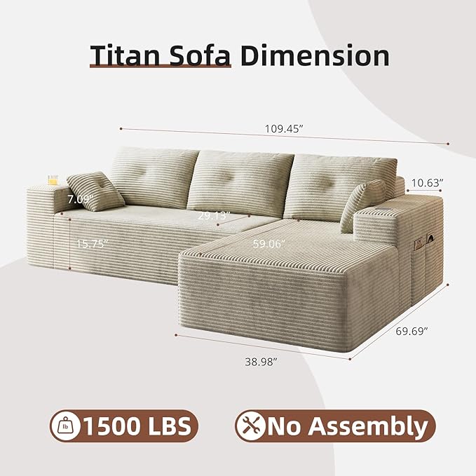 109 Boneless Couches for Living Room Modular Sectional Sofa with Oversized Chaise L-Shape Cloud Couch with Deep Seat (Beige Right Facing Chaise)