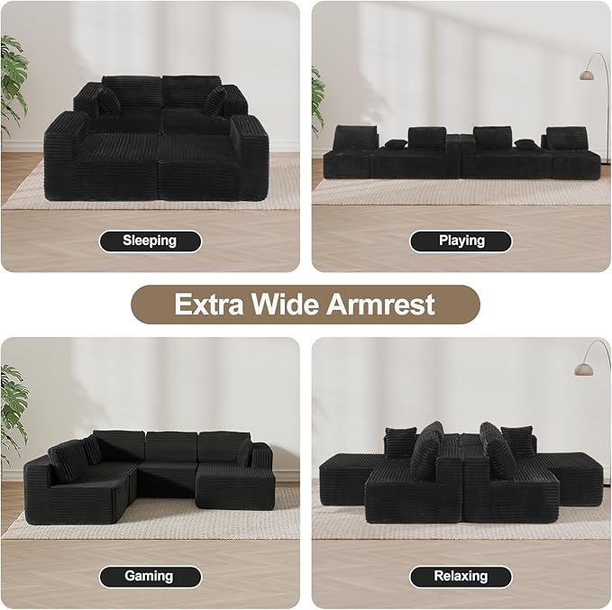 132 U Shaped Couch Oversized Modular Sectional Sofa with Chaise Corduroy U Shaped Couch with Deep Seat Boneless Couches for Living Room No Assembly Required Horizontal Striped Black