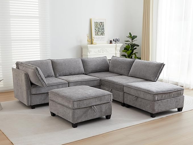 ORRD Corner Modular Sectional Sofa Set Convertible L Shaped Couch with Storage 6 Seater Sofa Modular with Ottomans and Reversible Chaise for Living Room Office (Grey)