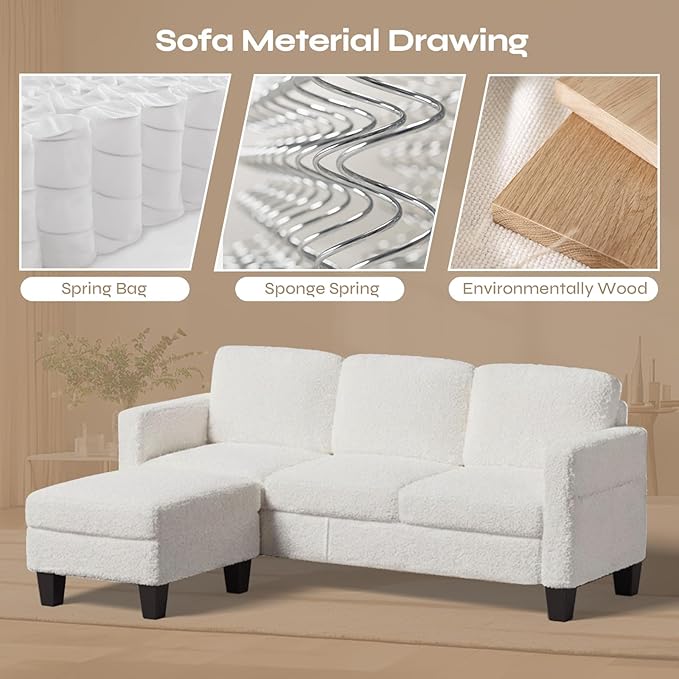 L-Shaped Sectional Sofa with Reversible Chaise Modern Boucle Upholstered Couch with Spring Cushions Comfortable Corner Sofa for Living Room Apartment &amp Small Space
