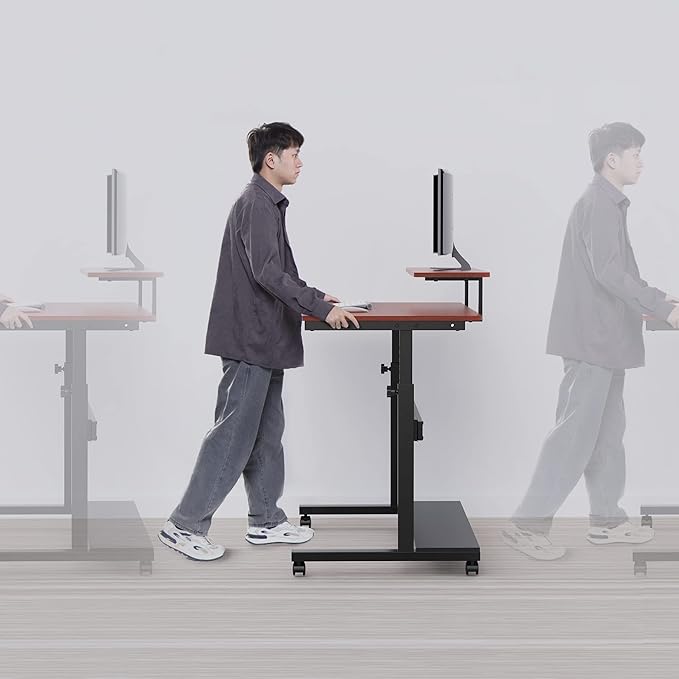 It's_Organized Height Adjustable Portable Computer Desk41''Rolling Laptop Desk Mobile Standing Desk with Monitor Shelf &amp HutchTeak