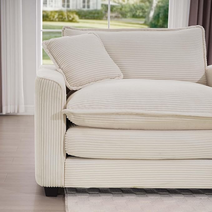 KEIKI 80 L-Shaped Oversized Corduroy Modular Sectional Loveseat Sofa with 1 Ottoman High-Density Foam Cushions Removable Armrests Upholstered 2-Seater Couch with 4 Pillow for Living Room Beige
