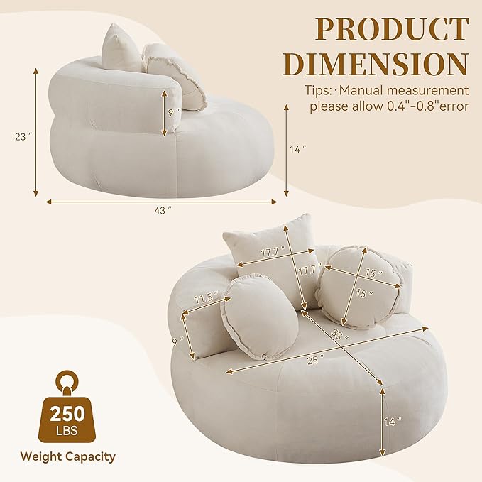 Round Oversized Chair Floor Sofa Chair Chenille Compressed Circle Chaise Lounge No Assembly Boneless Barrel Chair Lazy Bean Bag Couch Accent Chair for Living Room Bedroom DormBeige