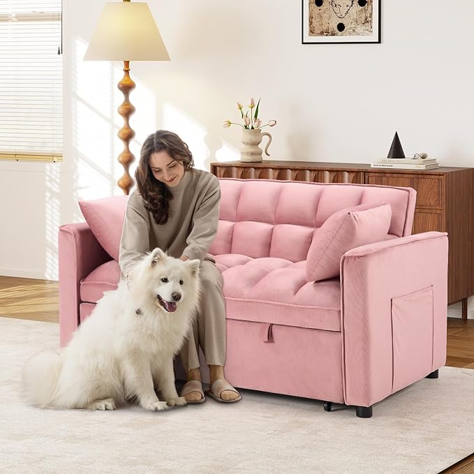 ANJ 3 in 1 Convertible Sofa Bed Pull Out Futon Loveseat Sleeper Sofa Couch with Adjustable Backrest Storage Pockets 2 Pillows for Living Room Bedroom