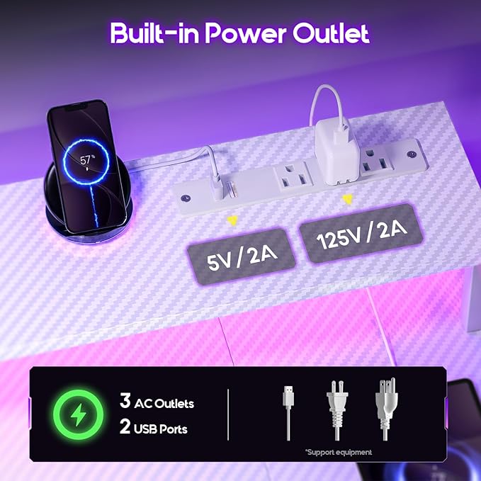 ODK 48 Inch Gaming Desk with LED Lights and Power Outlet U-Shaped Computer Desk with Monitor Stand and Storage Shelves PC Gamer Table for Home Office Carbon Fiber White