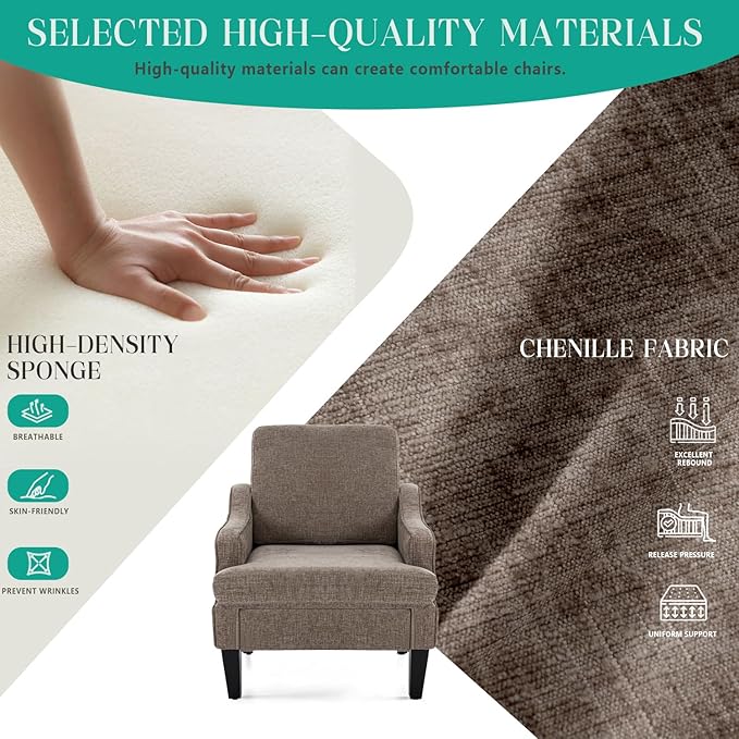 Modern Accent Chairs Set of 2 Upholstered Reading Chair for Bedroom with Side Pockets Comfy Living Room Chairs Living Room Armchair for Office Apartment (Brown Chenille)