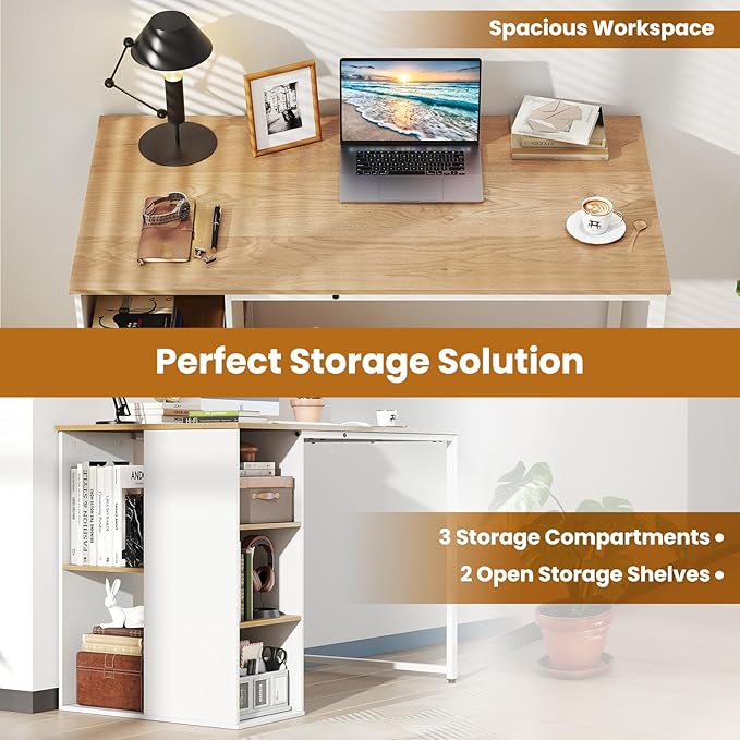 GOFLAME 45” Computer Desk Modern Home Office Desk with 5 Storage Compartments Multipurpose Writing Desk PC Workstation Laptop Desk with Heavy-Duty Metal Frame for Study Room Bedroom