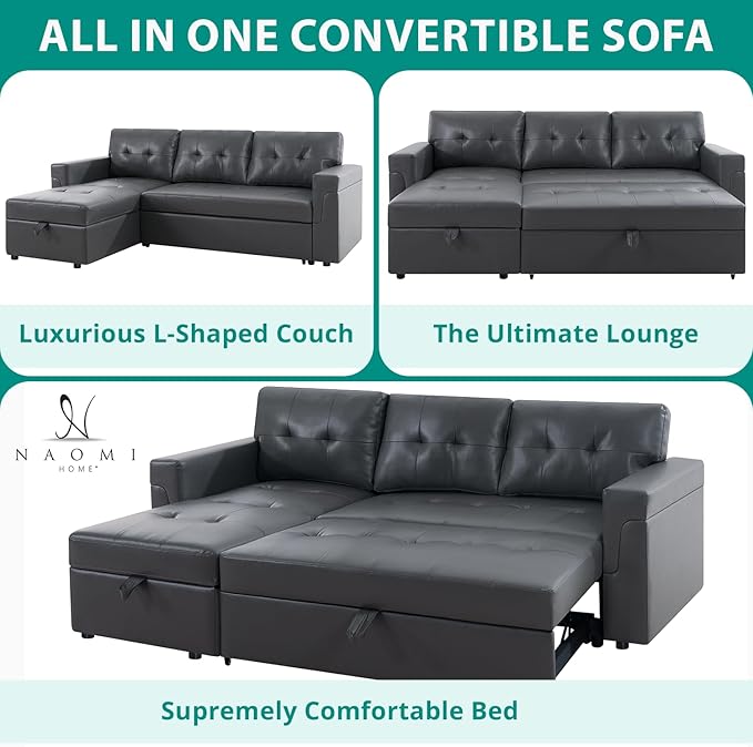 Naomi Home L Shaped Sectional Couch with Storage &amp Pull Out Bed – 3-in-1 Convertible Sleeper Sofa Bed Small L Shape Sofa for Living Room Sofa Bed with Storage Chaise in Dark Gray Air Leather