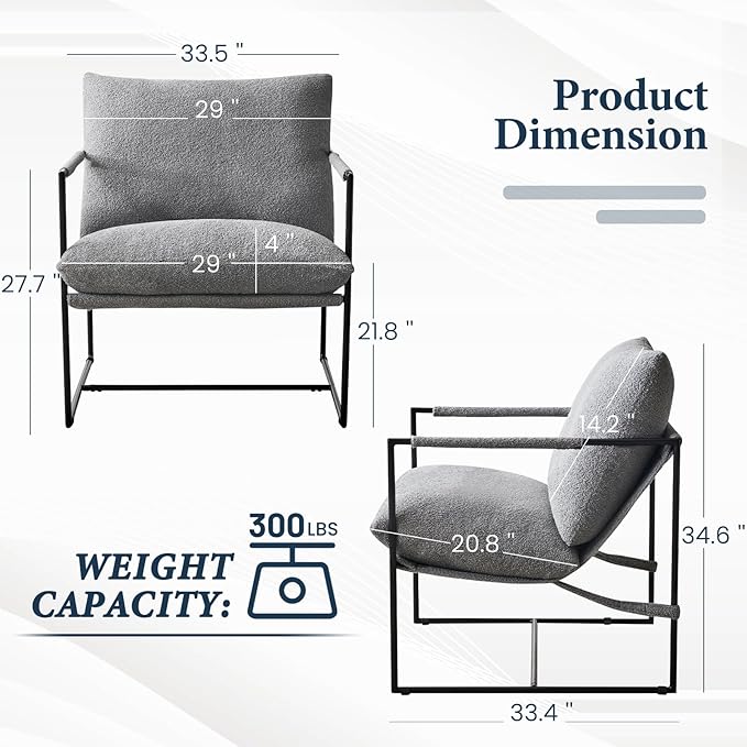 Furniliving Sling Accent Chair with Metal Frame Comfortable Boucle Fabric Arm Chair Upholstered Cozy Reading Chair for Living Room Bedroom Dressing Room Home Office Grey