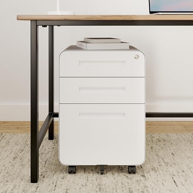 FLEXISPOT Metal File Cabinet for Under Desk Storage Mobile 3 Drawer File Cabinet Round Corner Design Filing Cabinets for Home OfficeWhite